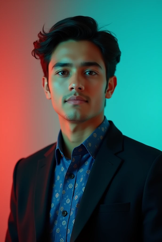 A boy age17 with dark hair .He is dressed in a black blazer over a blue panjabi. The man is positioned againts aqua color backdrop with a subtle red ligthing on the left side.and he posing for linkerdin profile