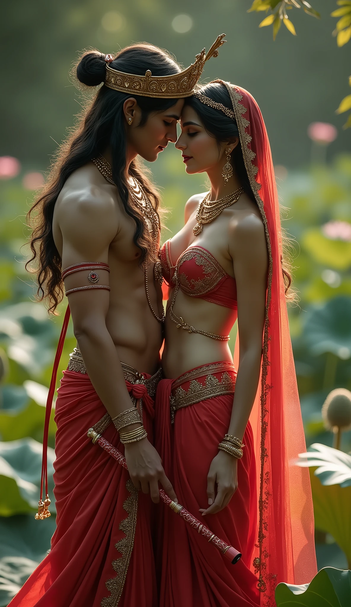 Radha has a very fair skin, fair face, amber eyes, red lips. Radha is wearing a long crown. Radha is wearing red lehenga. Radha is wearing an unbuttoned blouse exposing her cleavage and navel. Radha has a deep navel with visible piercing. Radha is exposing her full body. Radha exposing her sexy body features. Radha is holding a flute. Radha's front fully body is visible.  Radha is in a lotus pond with krishna. Depth to the image, creating a hot, sexy and realistic atmosphere. The image is from a far view only to view full body. Light in the front. Make sure everything is perfect.