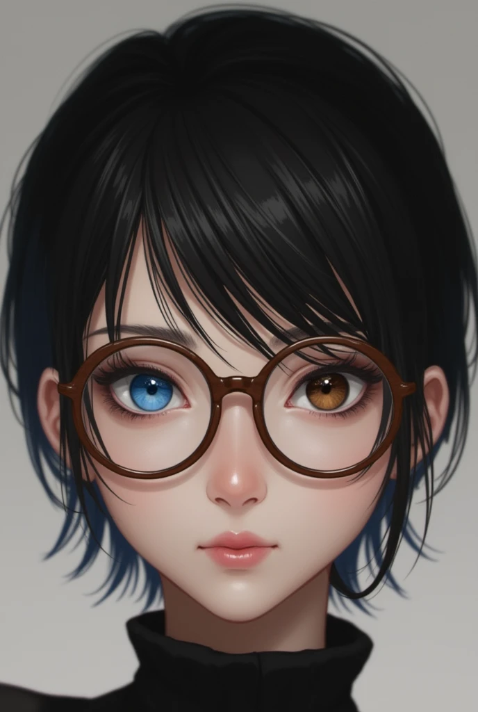 Odd eyes, short black hair, brown-rimmed round glasses