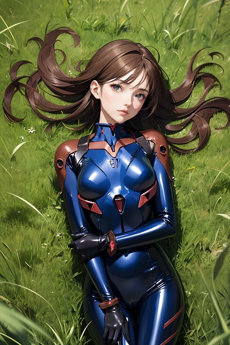 (best quality), (masterpiece), (ultra detailed), (1Girl, beautiful, brown hair, gray eyes, (wearing blue evangelion style latex suit), in one grass meadow)