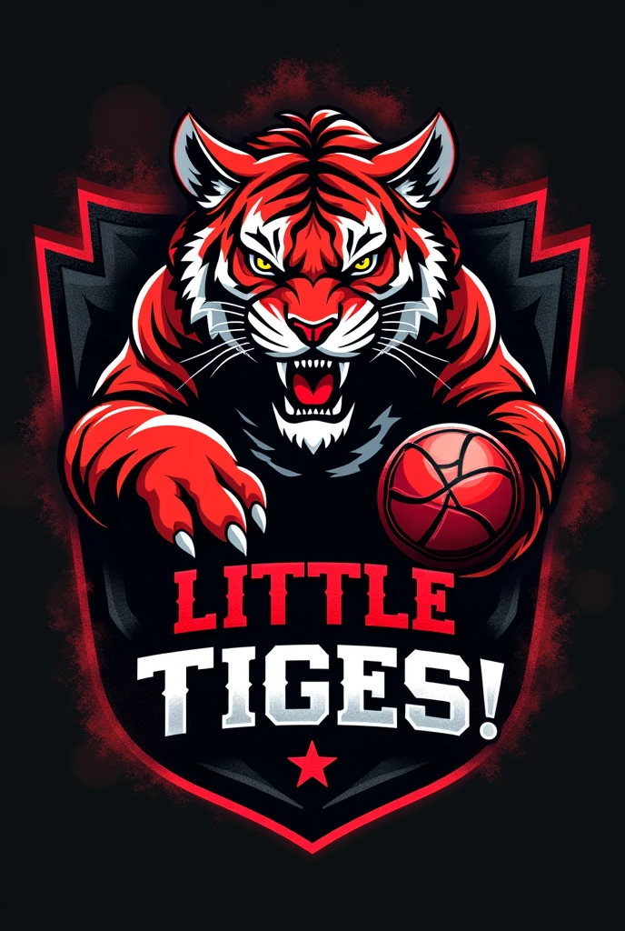 Based on the angry tiger . Create a handball team crest, with the name "little tigers", where the tiger will represent the little tiger. The animal must have a handball in its hand and it must be black and red. MAKE IT MORE COMPETITIVE. YOU FORGET TO PUT THE TEAM NAME. PUT MORE BLACK COLOR. YOU FORGET THE TEAM SHIELD.