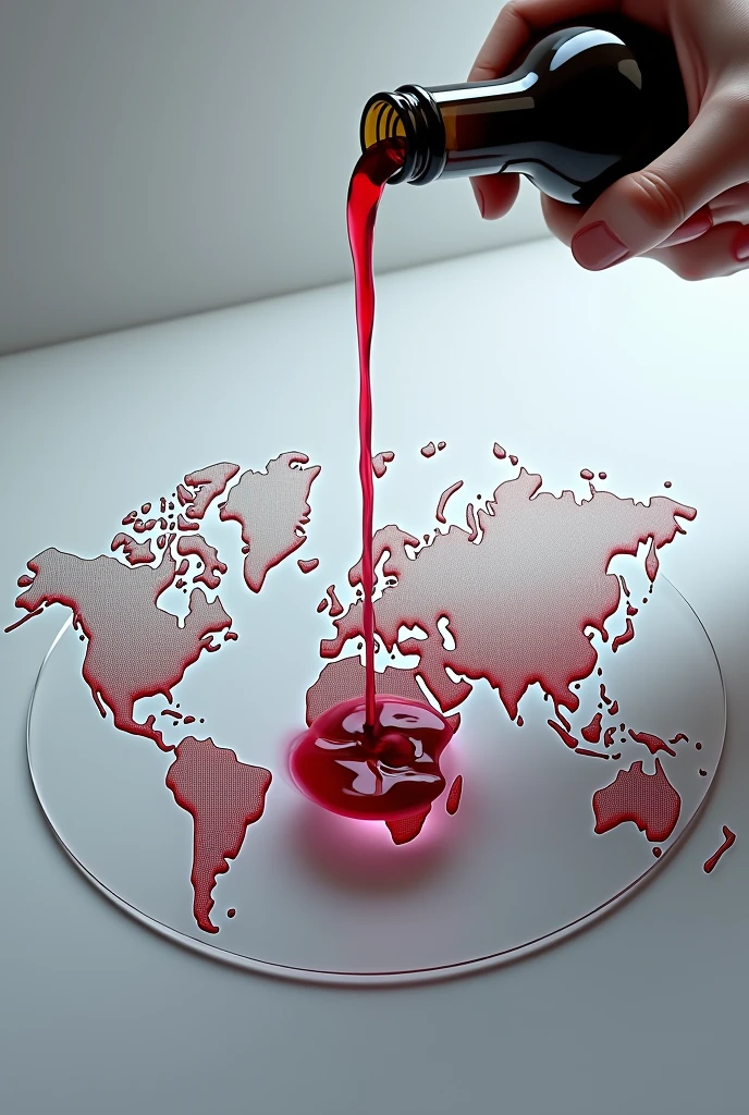 world map designed glass and someone put wine on it from a bottle