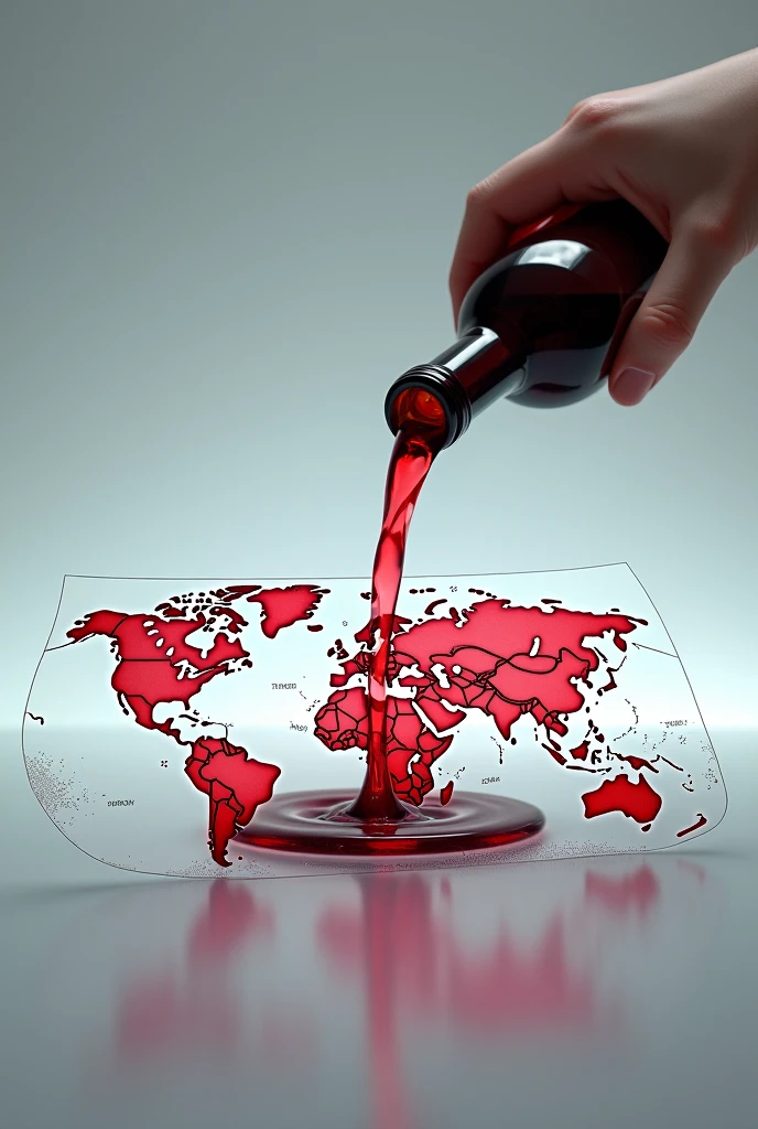 world map designed glass and someone put wine on it from a bottle
