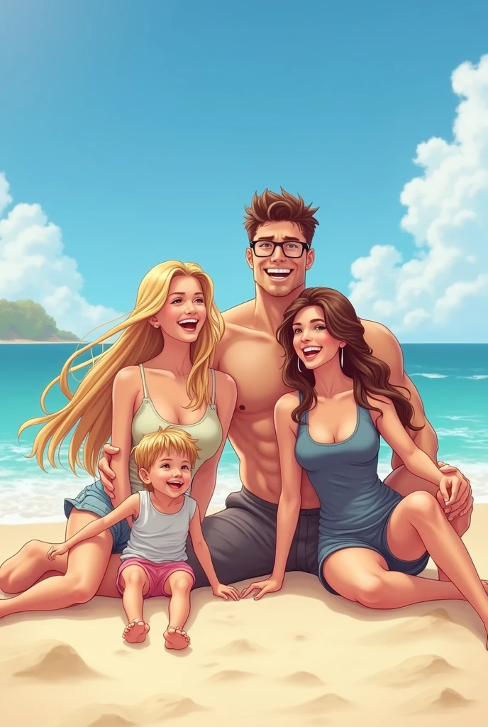 two happy couples of friends on the beach, one with two women, one blonde and one with light brown hair, and another couple with a brown haired woman and a brown haired man, glasses and very muscular, there are two children in the picture

