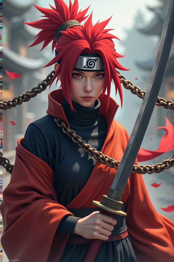 An adult in the Naruto universe from the Uzumaki clan with red hair and two swords that are attached to some chains and has the Konoha village headband on his forehead