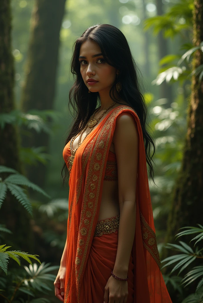 Indian girl, beautiful white, seductive in Indian dress in the forest