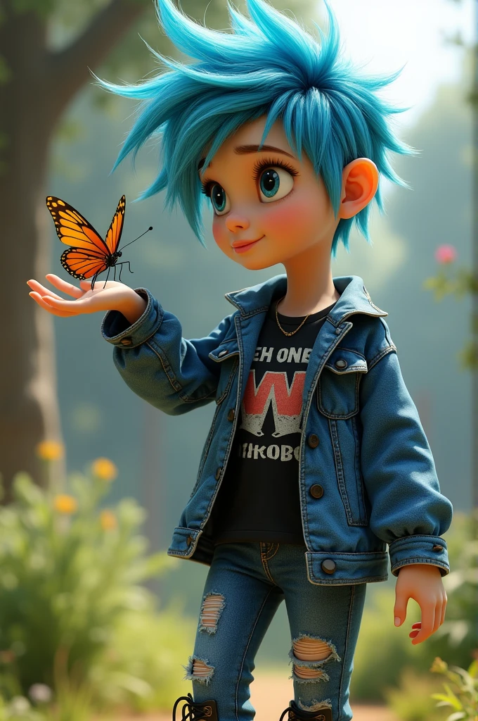 Lila, , Female, Punk style hair (spiky, blue-streaked), Blue eyes, Caucasian,
Blue denim jacket, Black band tee, Ripped blue jeans, Black combat boots,
Close-up, hand extended, gentle,
Butterfly on hand, Pixar 3D style.