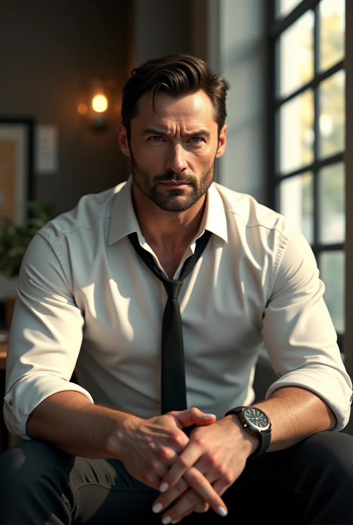 jackman, 3d, cgi, head of'artwork, best quality, curved, 1fille, corné_mains, Huge breasts, chemise blanche, cravate noire, black trouser, assis sur une chaise, regarder le spectateur, tir de cow-boy, interior, Bureau, jour, Light,