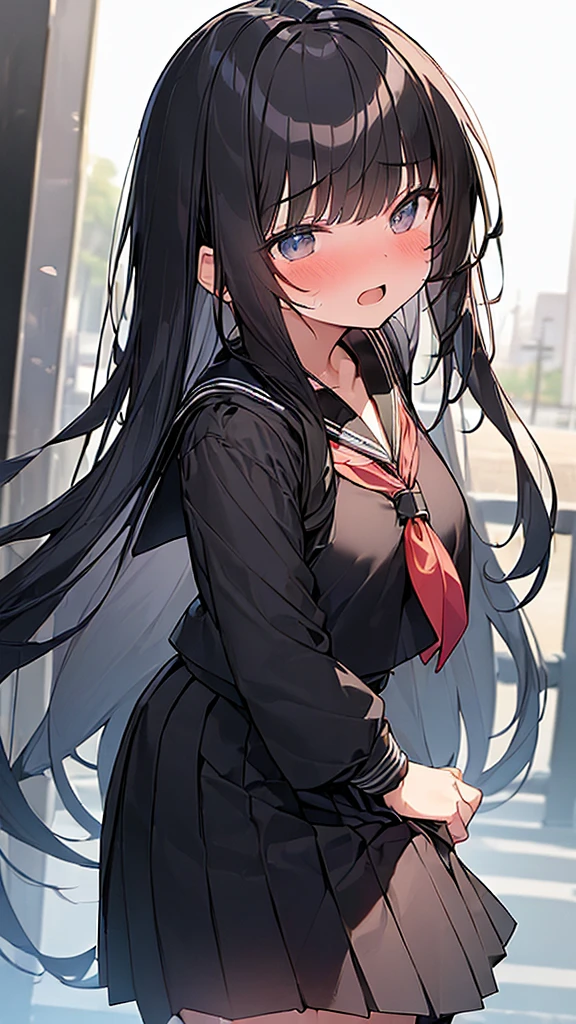 (Masterpiece, Top quality:1.5), nsfw, (dynamic angle:1.2), (1 beautiful girl, solo:1.2), (big eyes:1.2), (black sailor suit, black pleated skirt:1.2), (black hair:1.3), long Hair, straight Hair, asymmetry bangs, swept bangs, junior high school student, shy:1.1, (blush:1.4), beautiful scene of street, dynamic pose, open mouth