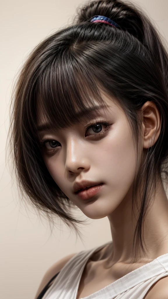 the girl has straight black hair, bangs, tanned skin, she is brave