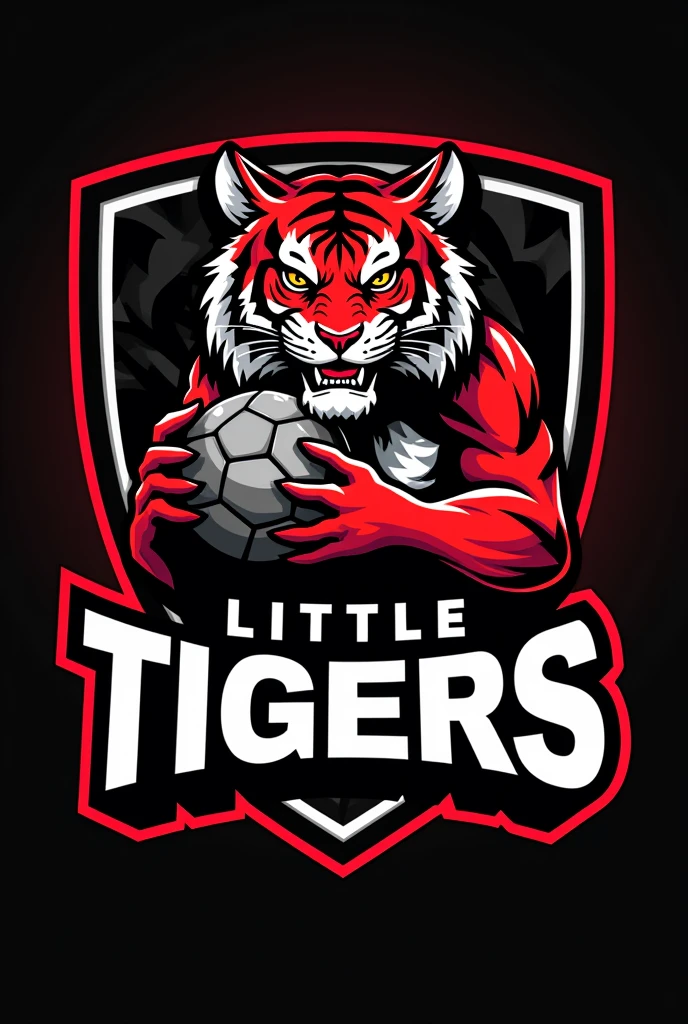 Based on the angry tiger . Create a handball team crest, with the name "little tigers", where the tiger will represent the little tiger. The animal must have a handball in its hand and it must be black and red. MAKE IT MORE COMPETITIVE. YOU FORGET TO PUT THE TEAM NAME. PUT MORE BLACK COLOR. YOU FORGET THE TEAM SHIELD. 