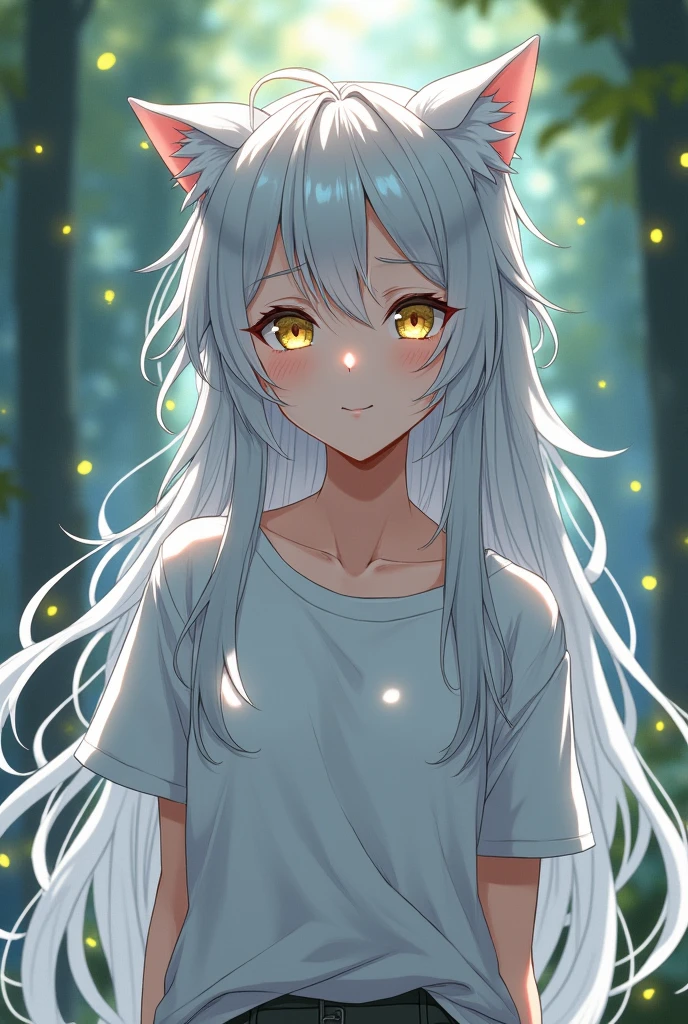 Demi-Human, wolf, female, Long silver hair is a little messy, Gold eyes, anime, white skin, white t-shirt, Clothes are loose 