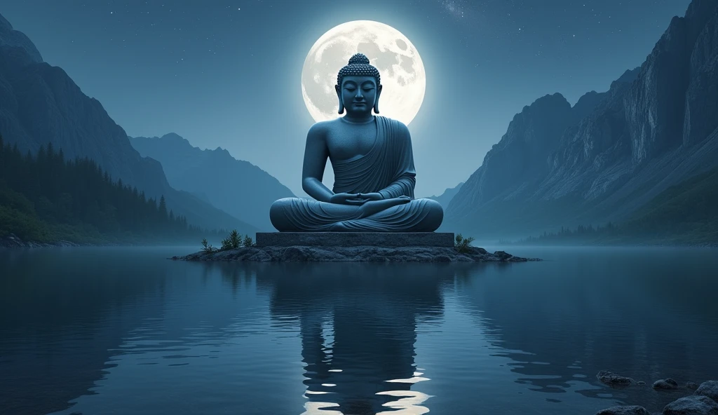 a massive epic Buddha statue near mountain on the shore of the lake. the statue reflected in the lake, it is night time, the moon is high, the stars in the sky 