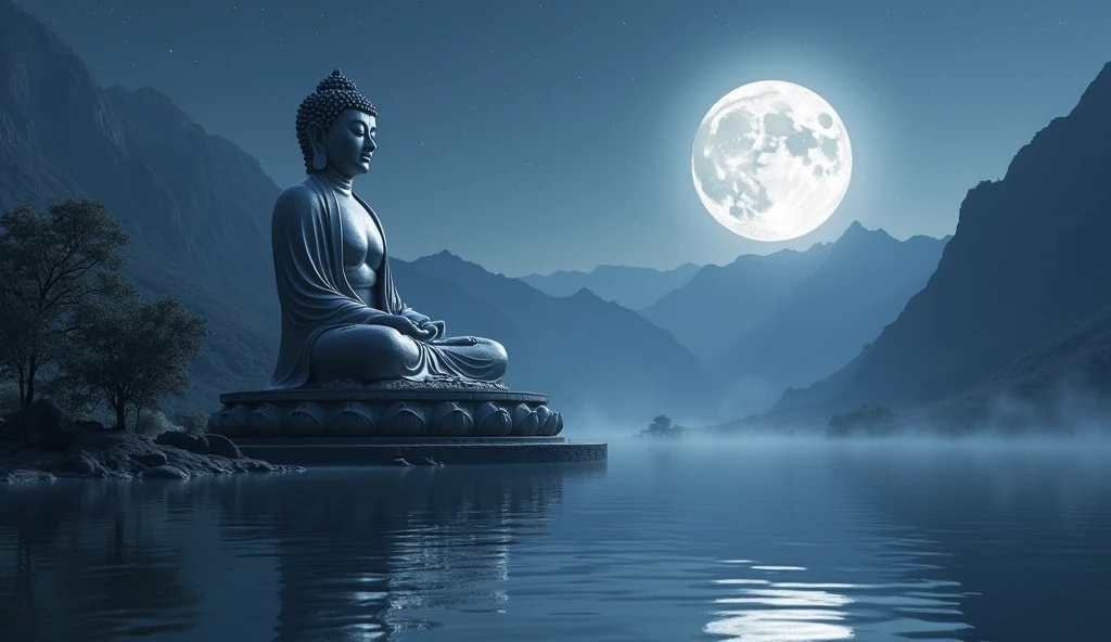 a massive epic Buddha statue near mountain on the shore of the lake. the statue reflected in the lake, it is night time, the moon is high, the stars in the sky 
