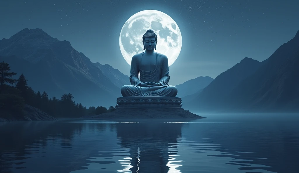 a massive epic Buddha statue near mountain on the shore of the lake. the statue reflected in the lake, it is night time, the moon is high, the stars in the sky 
