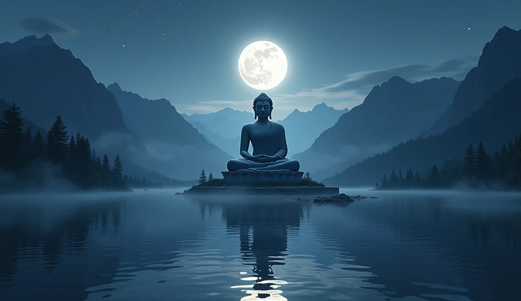 a massive epic Buddha statue near mountain on the shore of the lake. the statue reflected in the lake, it is night time, the moon is high, the stars in the sky 