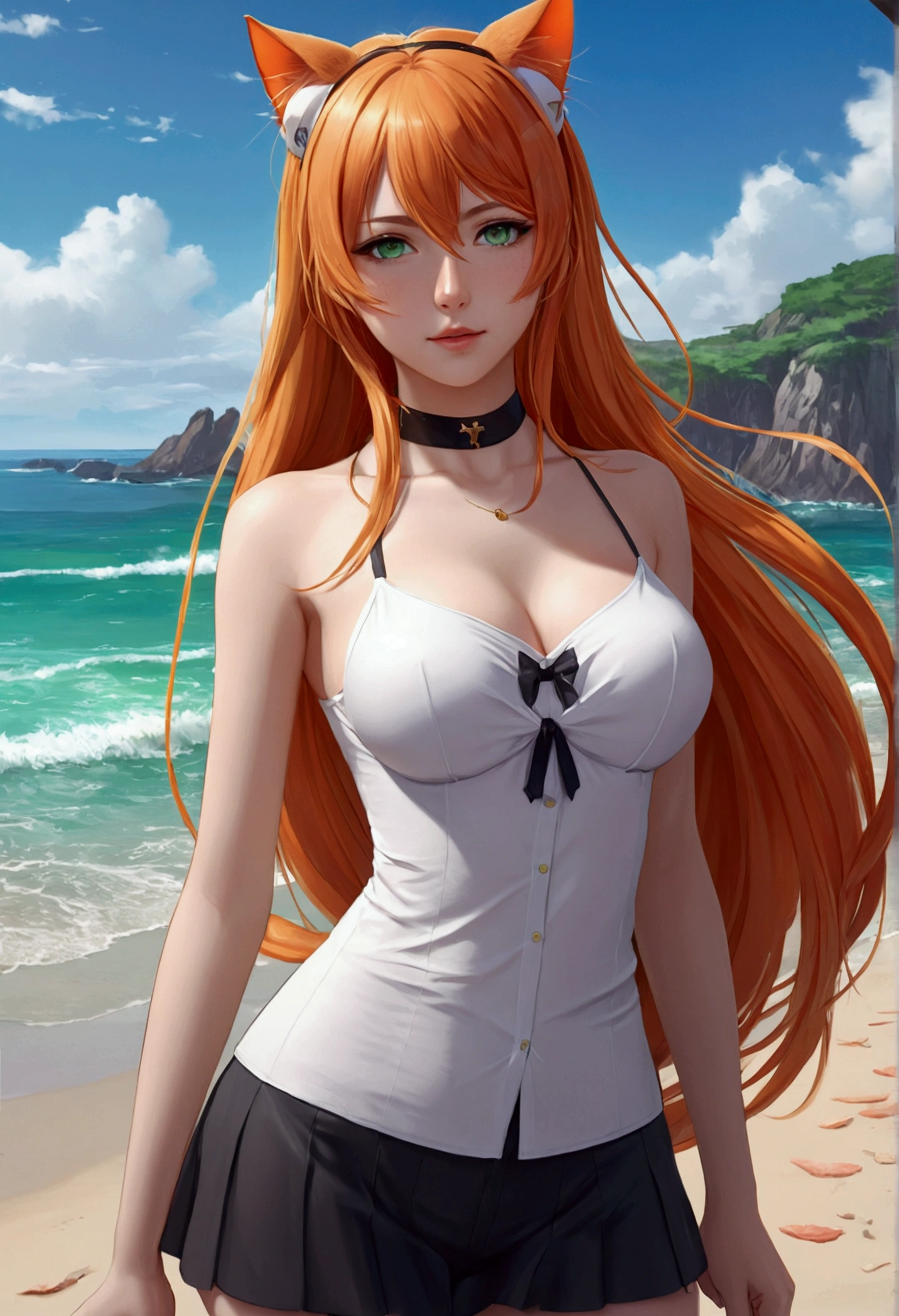 anime girl with long orange hair standing on beach near ocean, green eyes detailed digital anime art, cat ears, , anime girl with long hair, smooth anime cg art, anime girl with long hair, average breast size, digital anime art, artwork in the style of guweiz, beautiful anime portrait, photorealistic anime girl render, beautiful anime girl, advanced digital anime art, pantyhose, guweiz on artstation pixiv upscale HD UHD HQ
