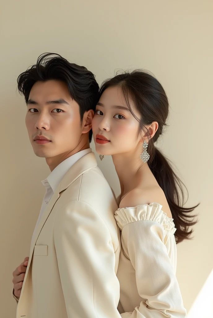 Couple picture in cream plain backgroud with a handsome and beautiful girl korean but separate picture