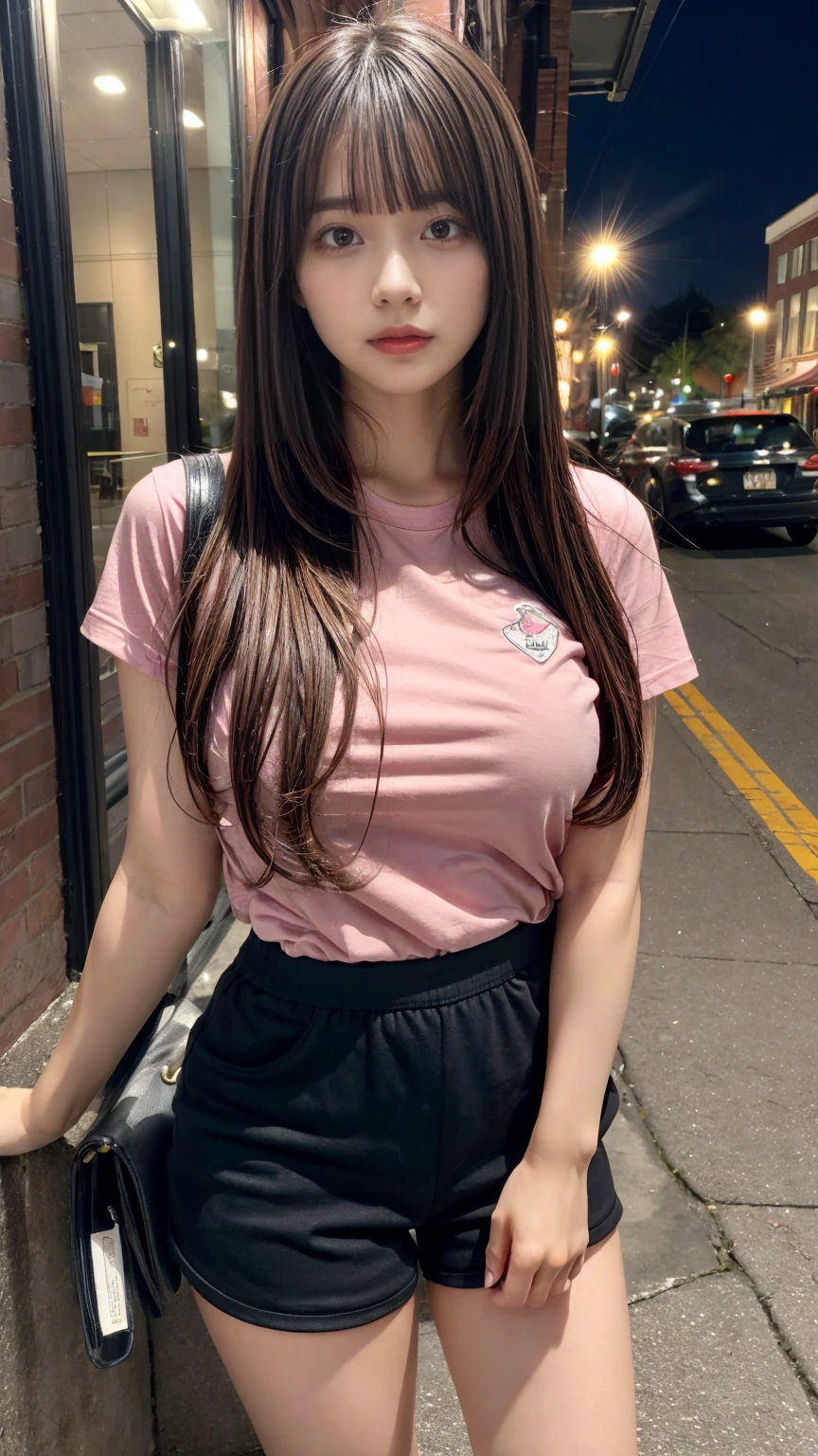 Realistic depiction of eyes,Pink T-shirt, Black shorts,Breasts, Ash's hair,Straight long hair,Big Natural Color Lip, Perfect figure, 20-year-old girl、Cute type、Beautiful feet, Idol Sculpture, Trimmed bangs,Downtown at night,Low - Angle,Tall,Accentuate your thighs