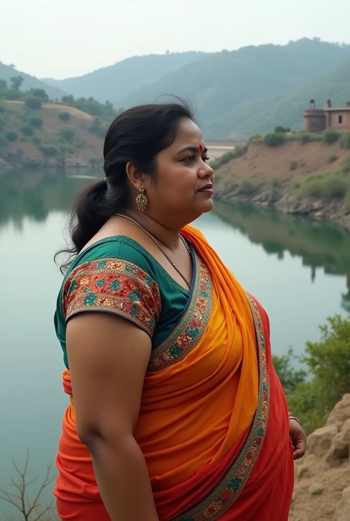 1 Indian little bit chubby women in coordset in the motisagar dam india tonk with a back profile real image