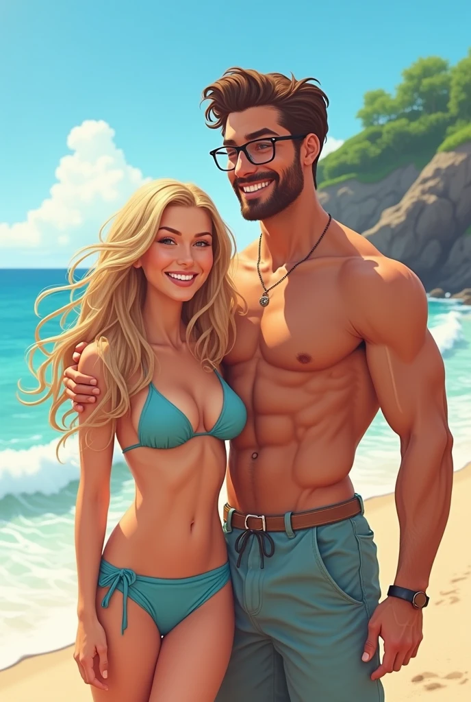 two happy couples of friends on the beach, one with two women, one blonde and one with long light brown hair, and another couple with a brown haired woman and a brown haired man, glasses and very muscular, the dark haired woman is with the man and the blonde woman is with the brown haired woman