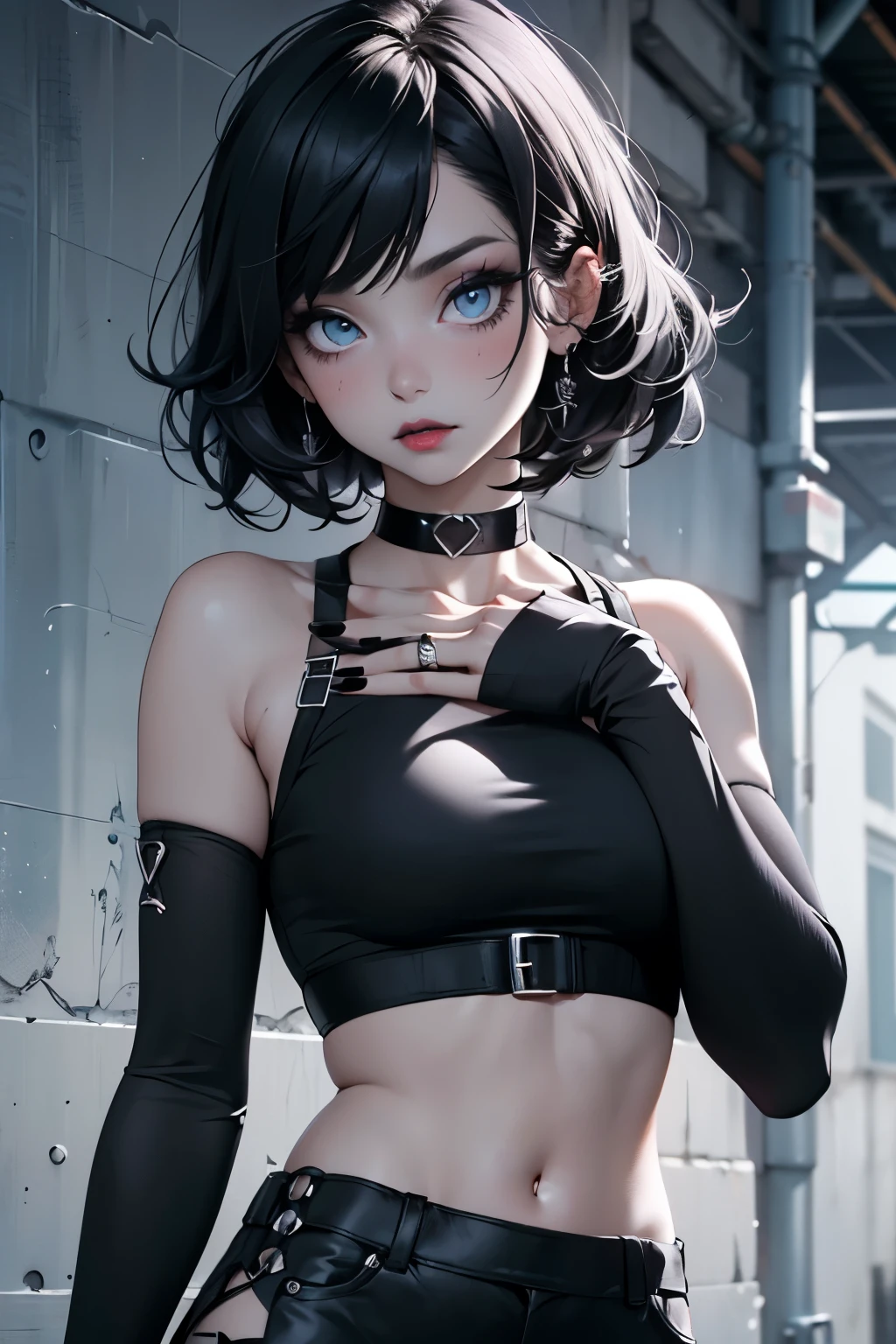 goth girl, fit, goth girl, goth makeup, black hair, black eyeshadow, black lipstick, black nails, black choker, blue eyes, pale skin, crop top, short black skirt, embarrassed look,