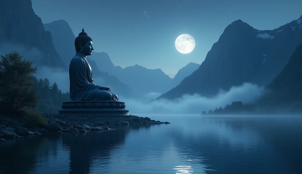 a massive epic Buddha statue near mountain on the shore of the lake. the statue reflected in the lake, it is night time, the moon is high, the stars in the sky, mists rise from the water