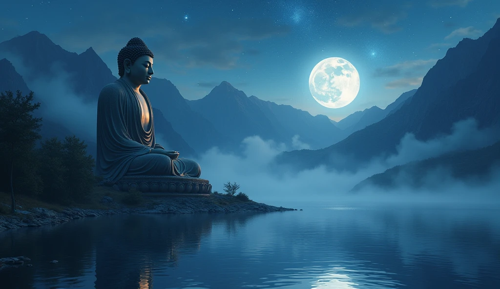 a massive epic Buddha statue near mountain on the shore of the lake. the statue reflected in the lake, it is night time, the moon is high, the stars in the sky, mists rise from the water