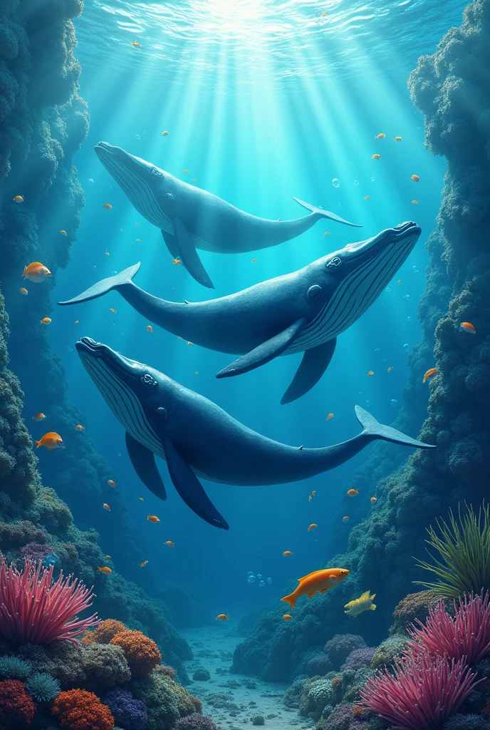 Whales swim in the water and there are many small colorful fish around. There are beautiful sea fish. The picture is colorful, with an emphasis on blue. There are bubbles around. I want more fish.