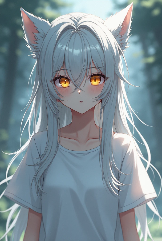 Demi-Human, wolf, female, Long silver hair is a little messy, Gold eyes, anime, white skin, white t-shirt, Clothes are loose 