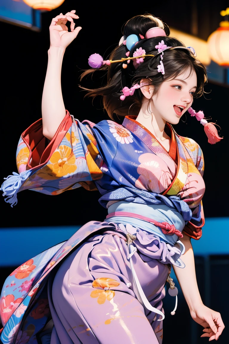 (Japan Bon Odori,最高masterpiece,Highest quality), Hot August,Bright vibrant anime art,People of all ages and genders dance and dance, Dancing in yukata,Laughing and dancing, Showing white teeth,Men and women dance in a circle, masterpiece,Highest quality,High resolution,