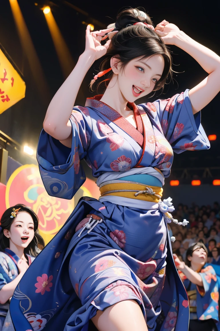 (Japan Bon Odori,最高masterpiece,Highest quality), Hot August,Bright vibrant anime art,People of all ages and genders dance and dance, Dancing in yukata,Laughing and dancing, Showing white teeth,Men and women dance in a circle, masterpiece,Highest quality,High resolution,