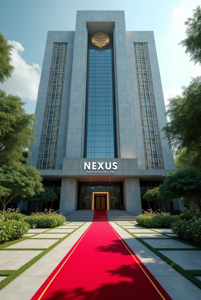 An image of a Corporate embassy put the words Nexus Global Embassy I want it to have the words Nexus Global Embassy on a concrete.The building has its own compound that is extremely developed with grass, trees and flowers Singaporean architecture expose the words Nexus Embassy with red carpets covering the whole entrance