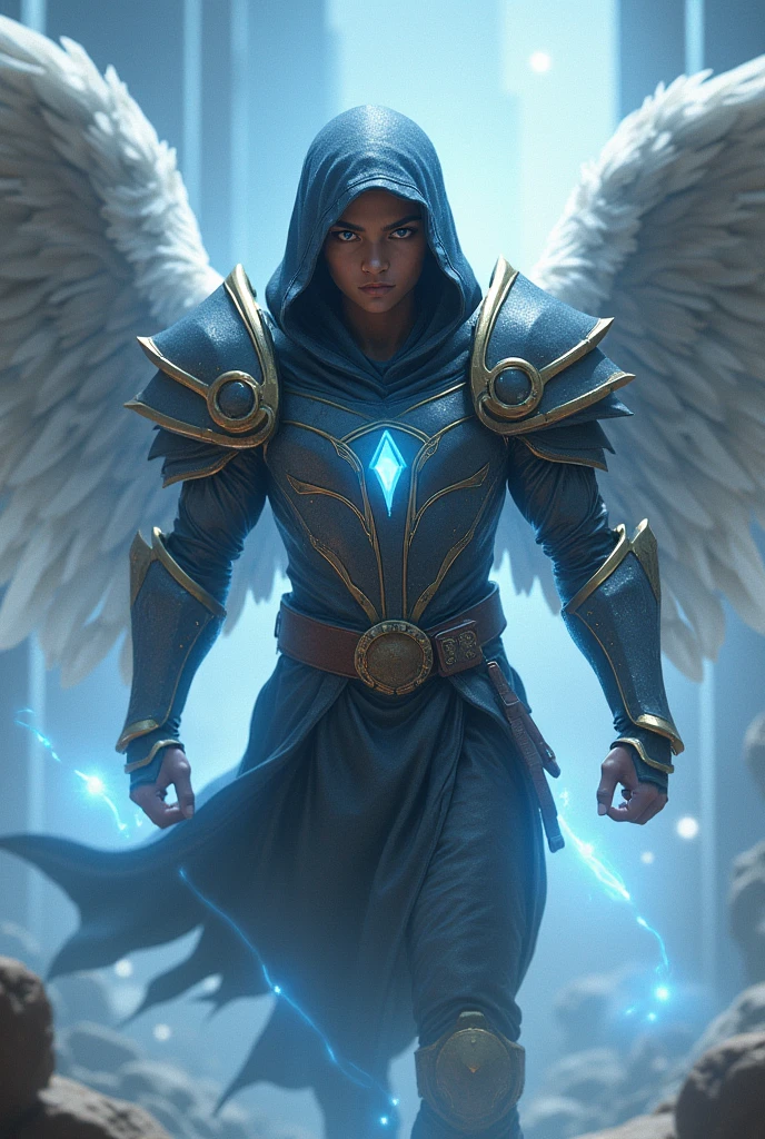 (Guerrero joven with ala angelicales) with (Pair of white eyes ) (with un punto negro en el medio de cada uno) and (These eyes shine, it has a hood) ( alas with estela azul) (masculine) ( levitating) (Celestial Warrior Armor) (mixed skin color) ( in fighting pose) (Latin ethnicity)