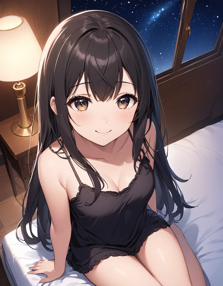 girl, cute, lovely, from above, from chest to head, looking up at here, looking at you, smile, shy, straight hair, long hair, black hair, sitting like a girl, bedroom, night, starry sky, camisole