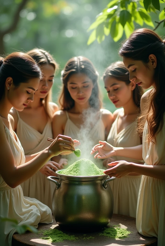 Beautiful women boiling water kratom powder green use spoon