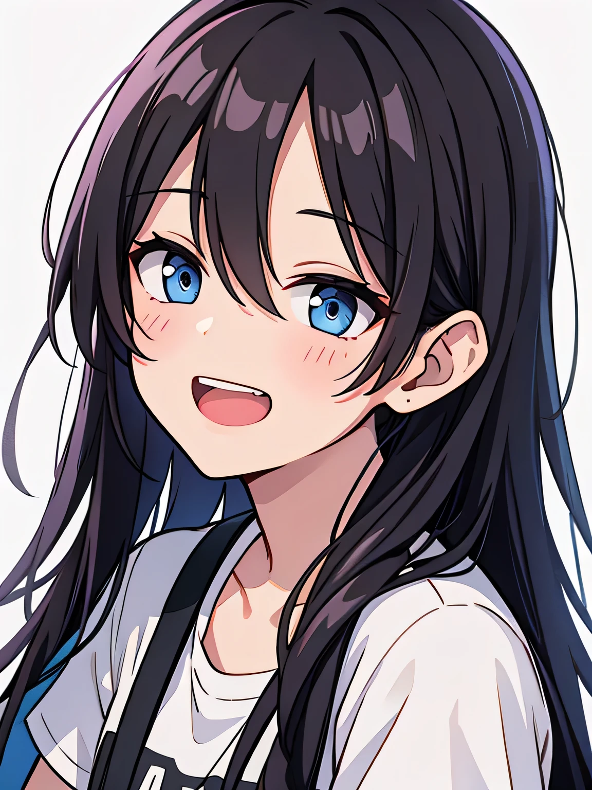 woman、Black Hair、White T-shirt、White sweat on hands、laughing
