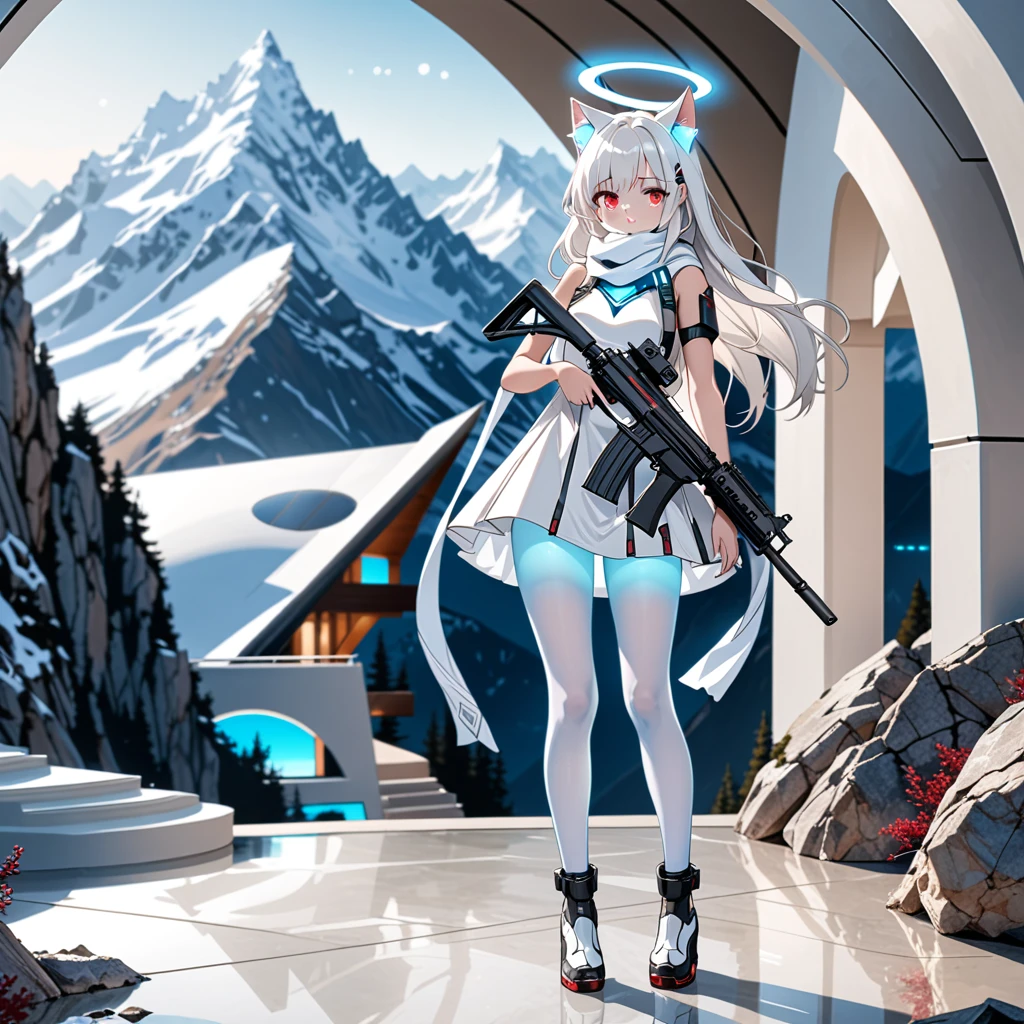 masterpiece, highest quality, highest resolution, clear_image, detailed details, white hair, long hair, 1 girl, cat ears, red eyes, futuristic halo, white sci-fi dress, white scarf (around the neck withn a light blue glow), white pantyhose, full body, no water marks, no panties, in mountain villa, holding an heckler Koch rifle bag