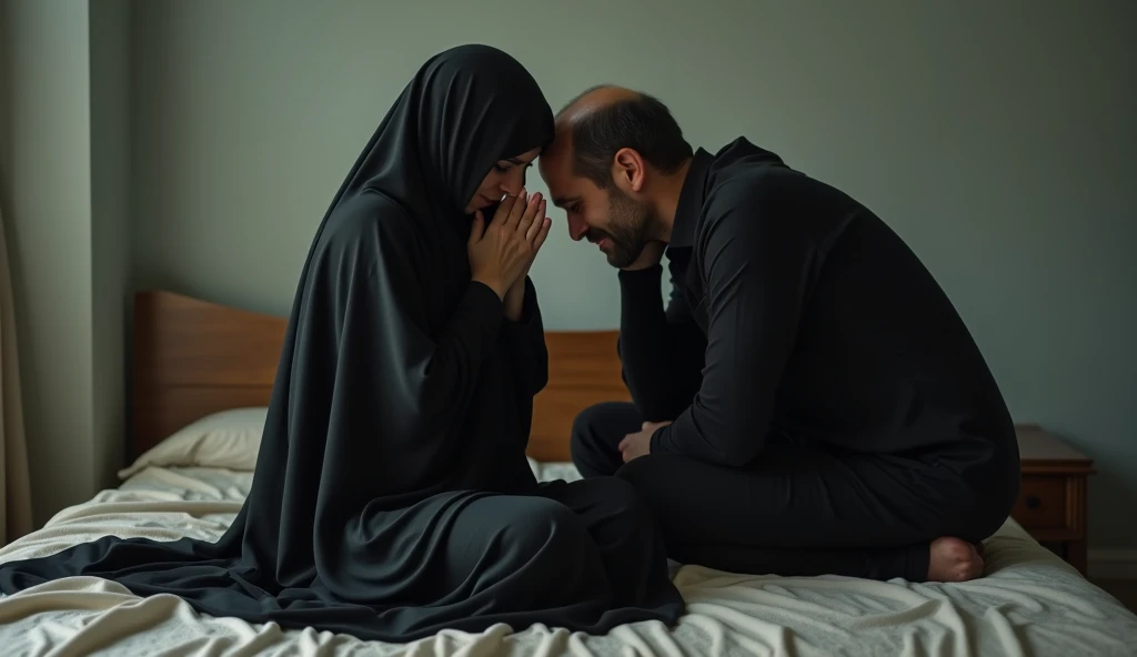 A  wearing black burka and head hijab is crying on the bed and her husband is crying by the side of the bed.