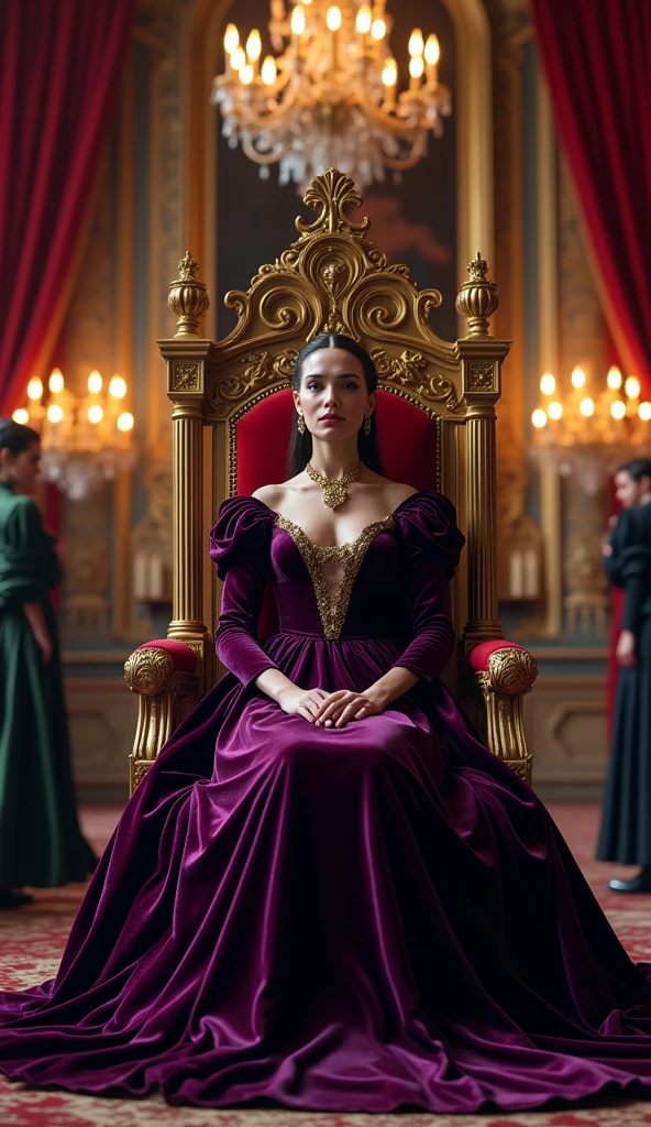 Close-up shot, Low angle shot, (A richly decorated throne room in a grand Hungarian castle, filled with luxurious details—velvet drapes, crystal chandeliers, and gold-framed portraits lining the walls. Elizabeth Báthory sits on a gilded throne, wearing a magnificent gown of deep purple velvet, adorned with jewels. Her posture is regal and commanding, her expression one of authority and confidence. The room is filled with courtiers and servants, all bowing or curtsying in her presence, indicating her immense power and influence.) unreal engine, cinematic, hyper-real, highly detailed, Ultra realistic HD --q 2 --v 6.1 --ar 9:16
