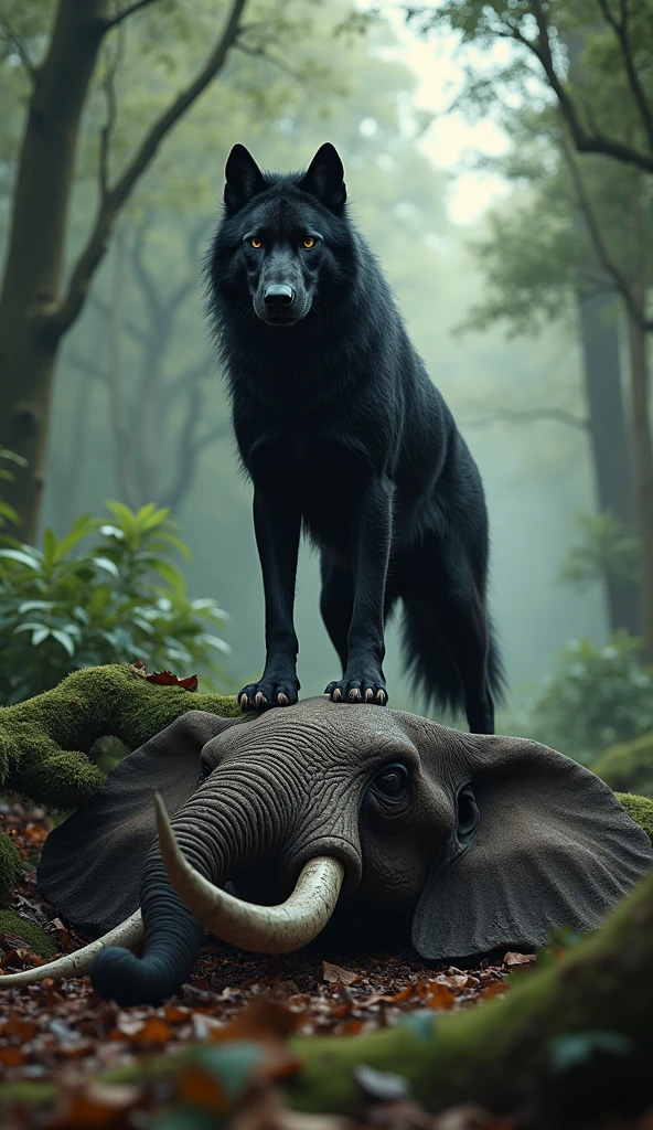 Black wolf standing on a dead elephant that it fought in a forest