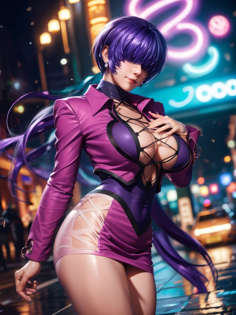 (at night), alone, in a video game scene, a background of a beautiful city during the day raining, standing at attention, purple hair, pink clothes ((purple hair)), 1 girl, alone, 20 years old, woman young, perfect and beautiful hands with perfect fingers, beautiful long legs, perfect legs, beautiful body, beautiful nose, beautiful character design, perfect face, looks at the viewer (focusing on the entire character), closed mouth, Light_Smile, official art, extremely detailed 8k CG wallpaper unit, perfect lighting, bright and colorful front lighting, glowing skin (masterpiece: 1.0), (best quality: 1.0), ultra high resolution, 4K, ultra detailed photography, 8K, HDR, high resolution, nonsense: 1.2, Kodak portra 400, film grain, blurred background, bokeh: 1.2, lens flare, (vibrant_color: 1.2), professional photography, (beautiful_face: 1.5), (narrow waist), Obra maestra, La mejor calidad, Profundidad de campo, 