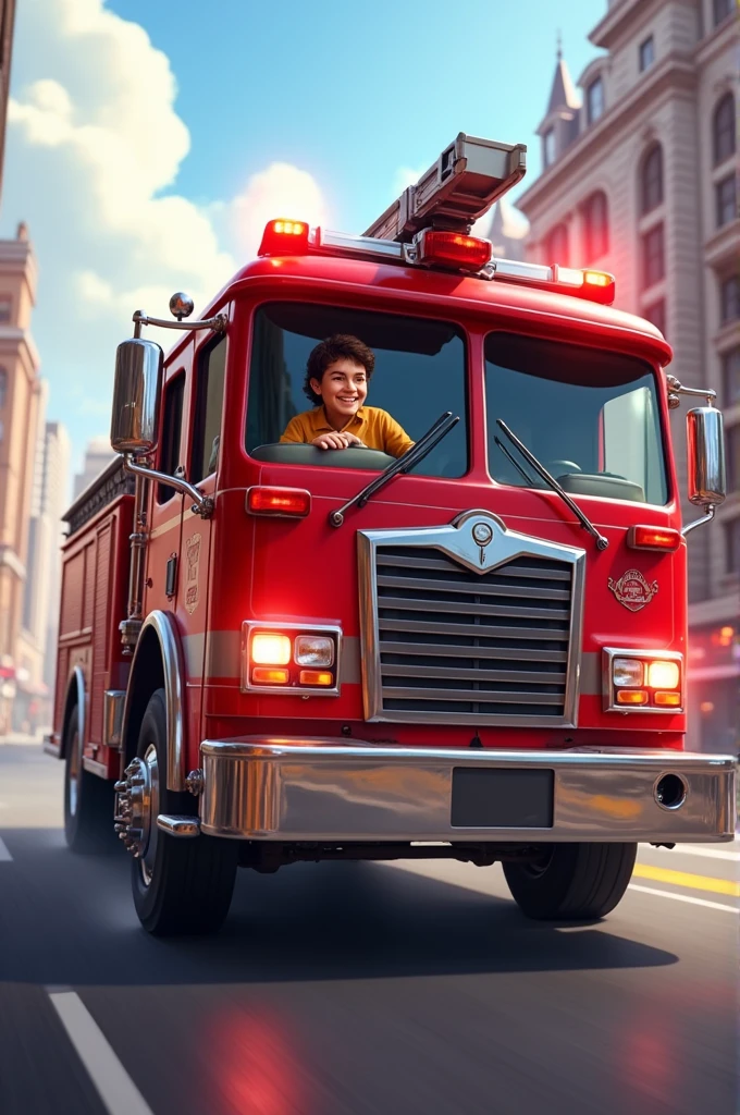 Big red firetruck with happy fire man