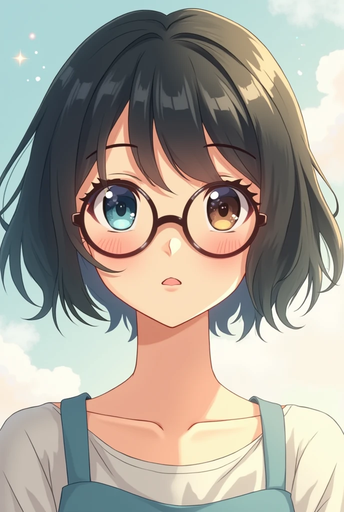 Odd eyes, short black hair, brown-rimmed round glasses, anime illustration