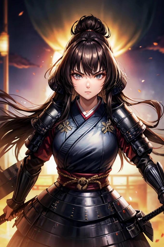 wearing armor One adult female, wearing light armor, wearing black kimono, Long Hair, brown hair, black Eyes, dilated pupils, Light makeup, tite waist, full body, hair over eye, intence anger, holding  big sharpsword, Inside an old Japanese castle in the background, anime, cinematic lighting, cowboy shot, UHD, retina, masterpiece, accurate, anatomically correct, textured skin, super detail, high details, high quality, award winning, best quality, highres, 8k