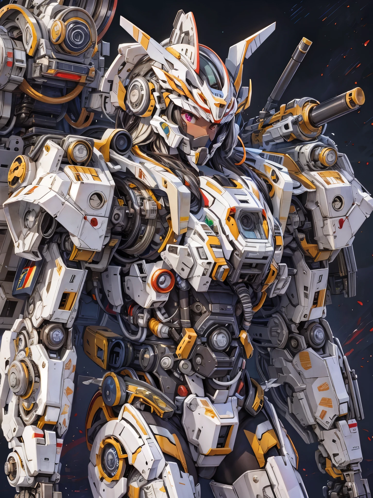 ((Highest quality)),(Ultra-high resolution),(Super detailed),(Detailed Description),((The best CG)),(masterpiece),Highly detailed art,(Art with precise detail:1.5), Female robot,Detailed mechanical body,Face masks,Mechanical Eye,Rifle of the future,