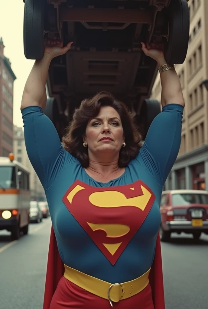 (((very beautiful old Supergirl (((1980s costume))) Julie Hagerty(((dark-haired, large-breasted woman in her 50s)))) Super woman Julie Hagerty; confident, powerful, indestructible, attractive; big and firm chest; strong breasts; arms crossed, levanta facilmente um a a truck on the road sobre sua cabeça; arms of a strong woman. HD. Photograph, ((realism)), extremely high quality RAW photograph, ultra detailed photograph, sharp focus, high resolution, (detailed skin:1,3),high quality, film grain, Fujifilm XT3,Highly Detailed, movie, (Cinematic Photo:1.3) of (Realistic:1.3)