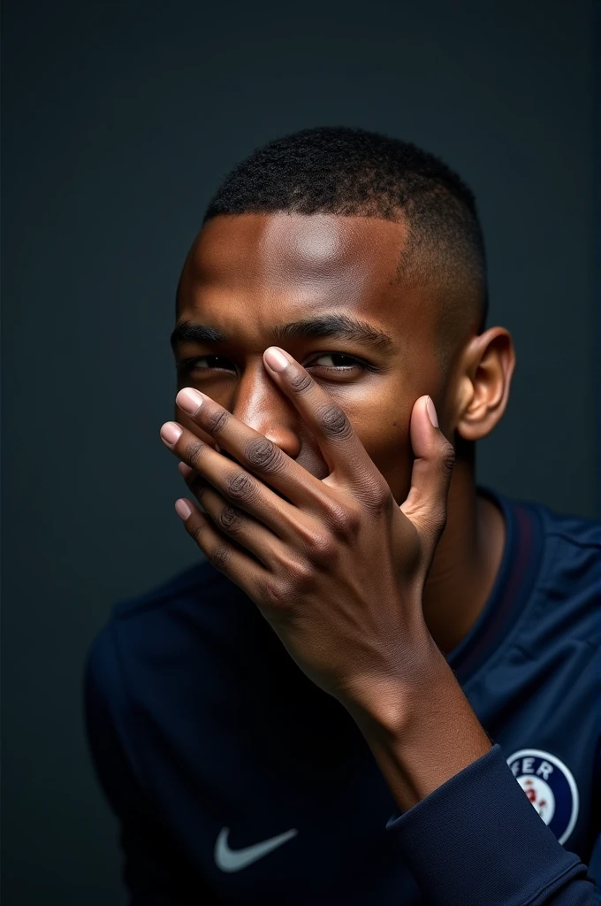 Kylian Mbappe hiding his face with hand with disgrace