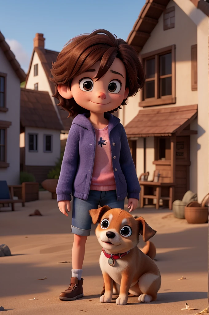 create a picture of a with her a small dog ,pictures of them sitting on the beach