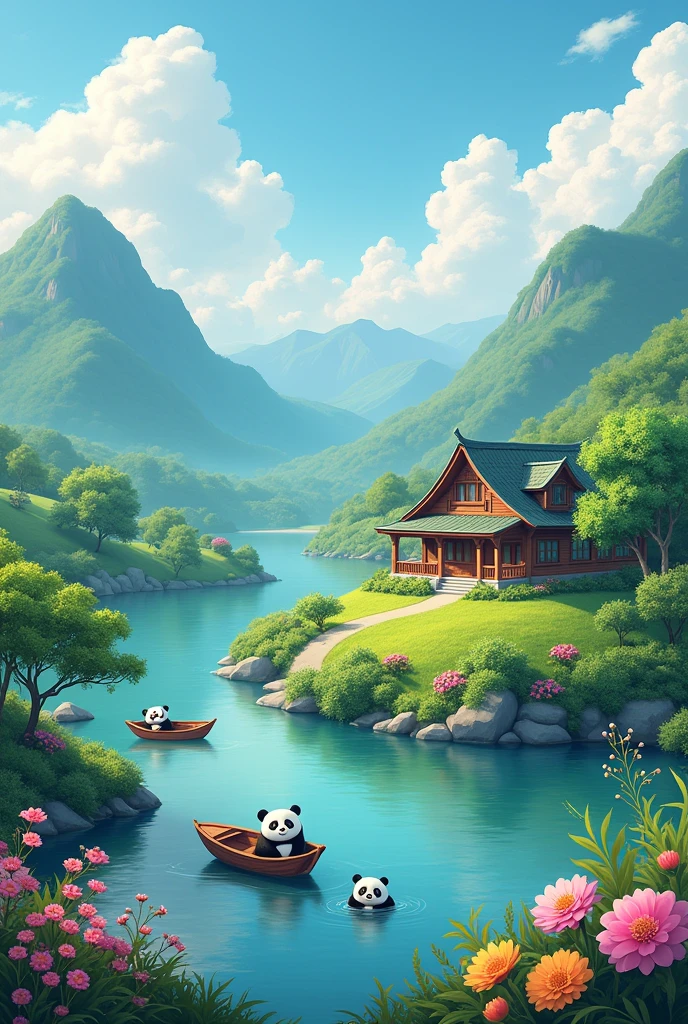 A beutiful house and green grass mountain near to rever and rever outside 100 flowers and clouds and morning time and beautiful trees and 3 pandas and in the rever 2 beutiful boats